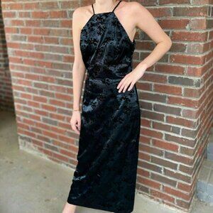 Breakin Loose 6 Black Formal Halter Pencil dress 90s Y2K floral Velvet embossing